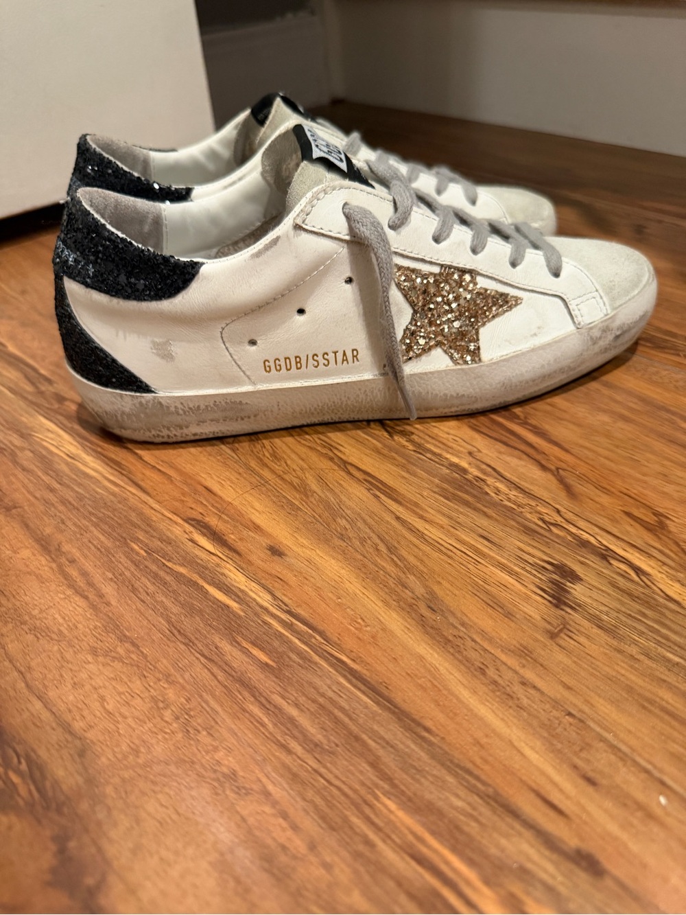Golden Goose White Leather Sneaker with Gold Glitter Star and Black Heel